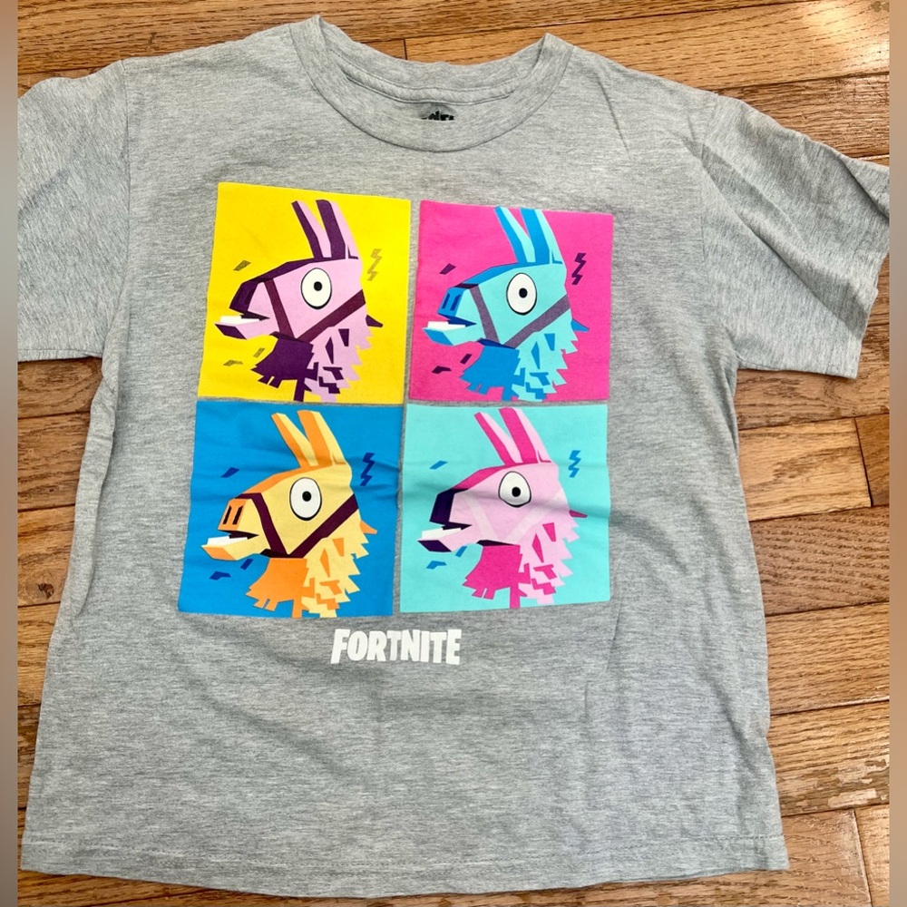 Fortnite Kids Graphic T-Shirt - Gray with Multicolor Llama Design size 8